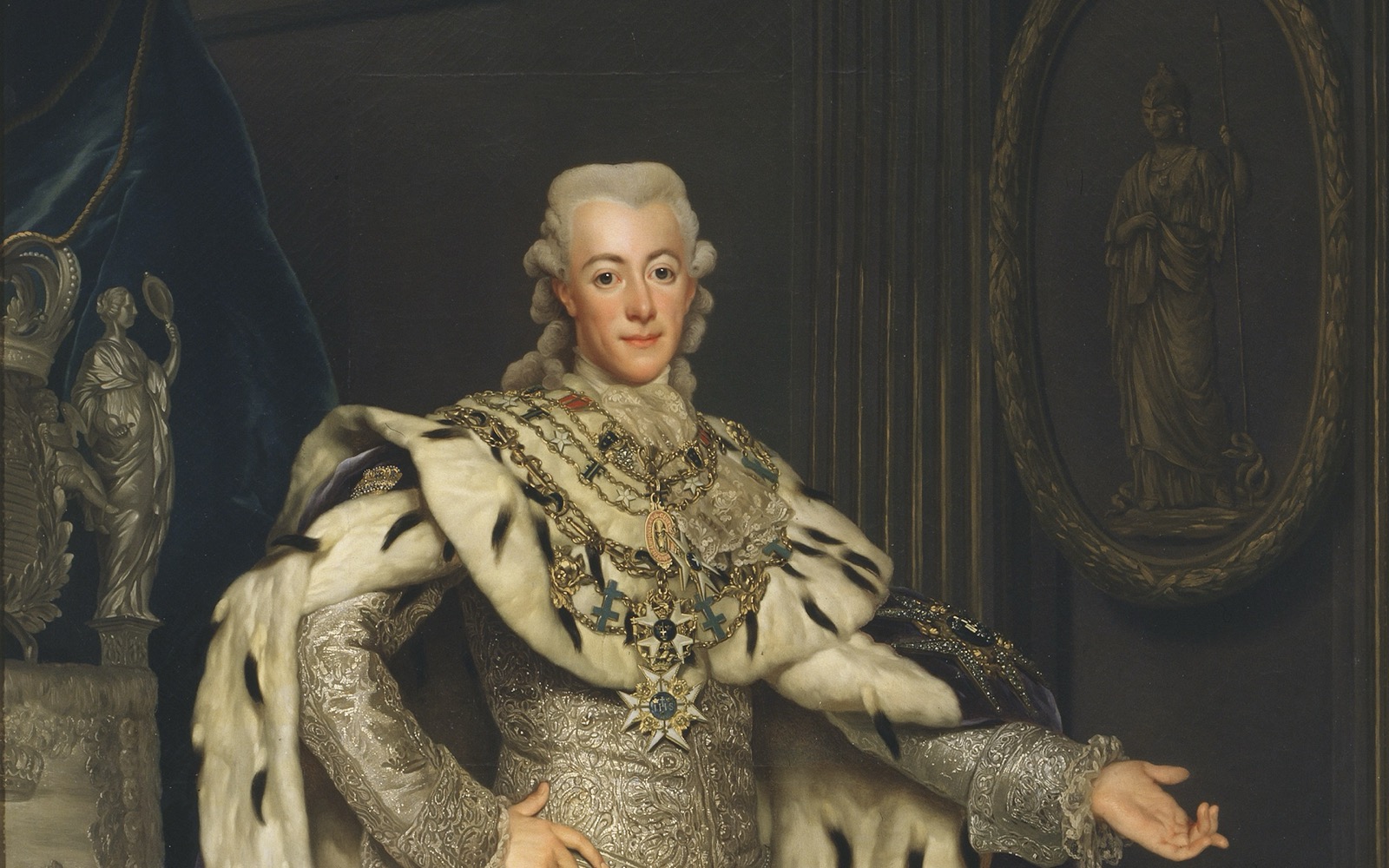 Porträtt av kung Gustav III i kröningsmantel med hermelin