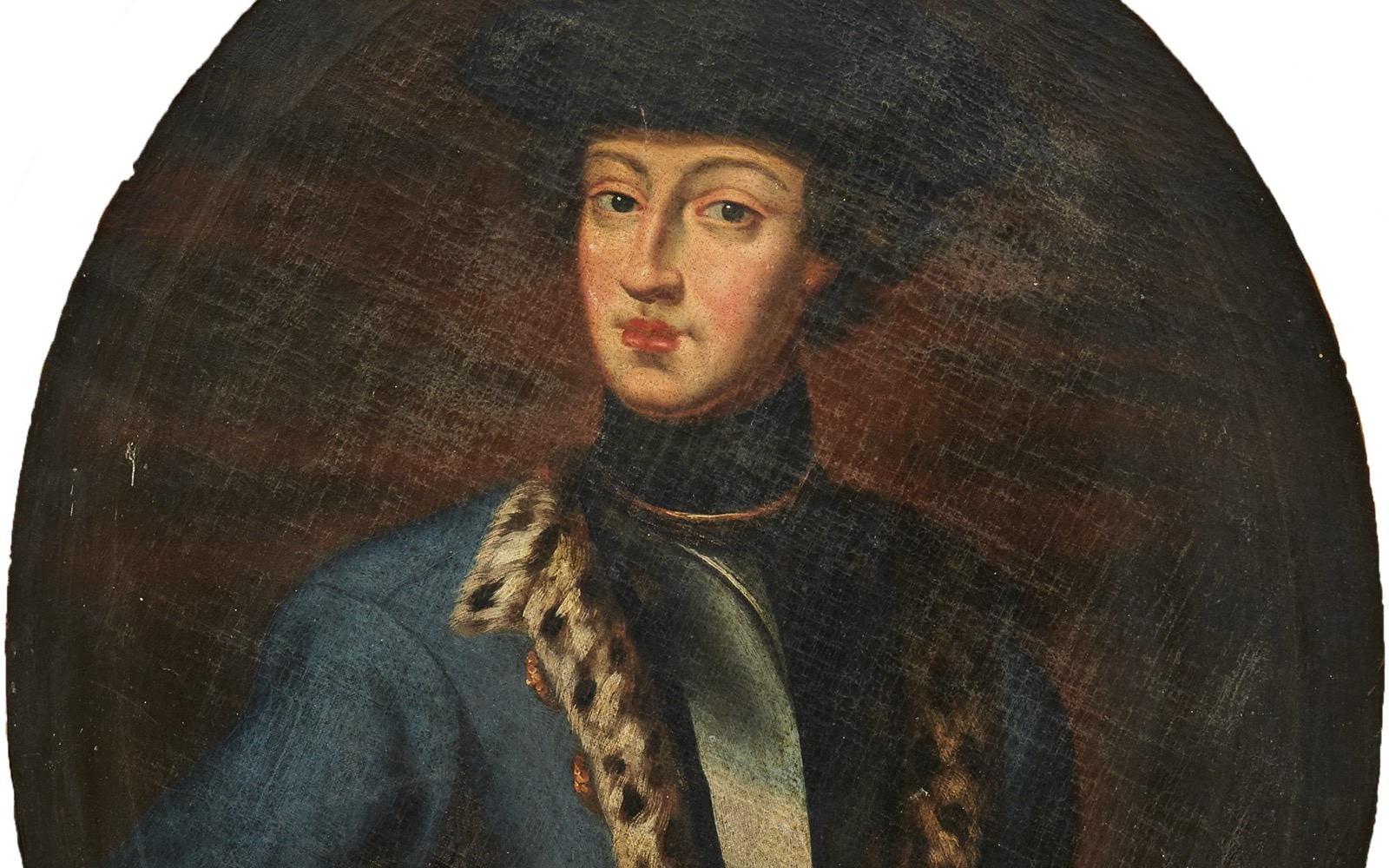 Porträtt av Karl XII i blå rock med pälskrage och svart hatt